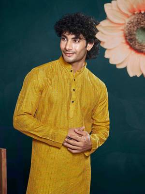 Vardha men's viscose kurta, sequin & thread embroidery, mandarin collar, slim fit, festive & ethnic wear (yellow) 2