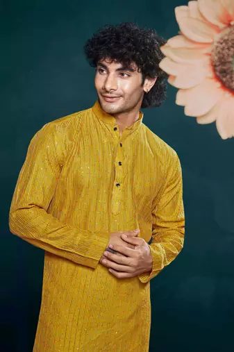 Vardha men's viscose kurta, sequin & thread embroidery, mandarin collar, slim fit, festive & ethnic wear (yellow)
