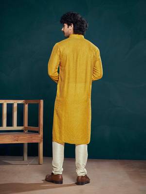 Vardha men's viscose kurta, sequin & thread embroidery, mandarin collar, slim fit, festive & ethnic wear (yellow) 3