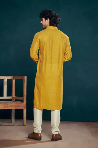Vardha men's viscose kurta, sequin & thread embroidery, mandarin collar, slim fit, festive & ethnic wear (yellow)