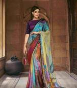 Multicolor colour satin silk saree with graceful beads with sequence & abstract print for classy evening looks