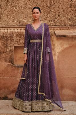 Purple embroidered jacquared silk free size stitched gown. (size upto 42) 1