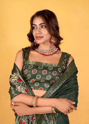 Green Traditional Woven Dola Silk Blend Saree With Gold Foil Print For Indian Looks 2