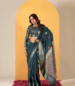 Teal Blue Traditional Woven Dola Silk Blend Saree With Gold Foil Print For Indian Looks