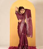 Wine Traditional Woven Dola Silk Blend Saree With Gold Foil Print For Indian Looks