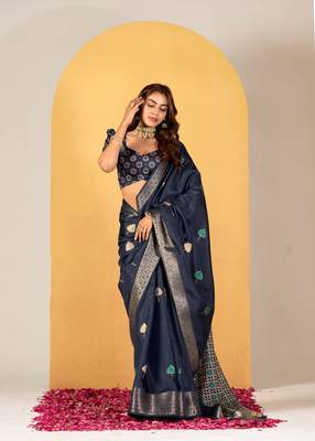 Blue Traditional Woven Dola Silk Blend Saree With Gold Foil Print For Indian Looks 1