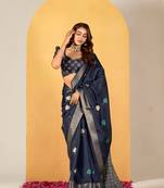 Blue Traditional Woven Dola Silk Blend Saree With Gold Foil Print For Indian Looks
