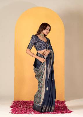 Blue Traditional Woven Dola Silk Blend Saree With Gold Foil Print For Indian Looks 2