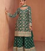 Green embroidered chinnon free size stitched straight palazzo suit. (size upto 42)