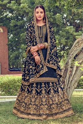 Blue embroidered upada silk semi stitched straight lehenga suit. 1