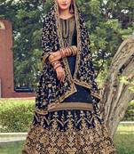 Blue embroidered upada silk semi stitched straight lehenga suit.