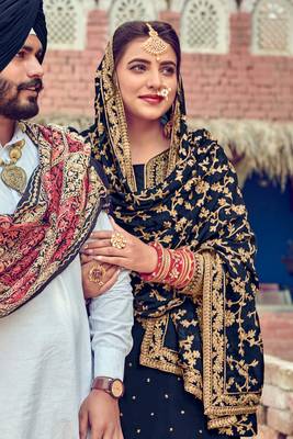 Blue embroidered upada silk semi stitched straight lehenga suit. 2
