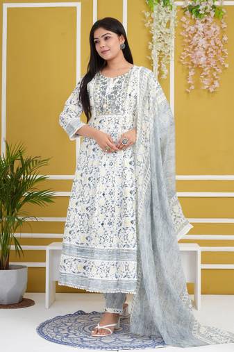 White rayon cotton fabric festive wear readymade salwar kameez for trendy girlie looks