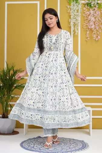 White rayon cotton fabric festive wear readymade salwar kameez for trendy girlie looks