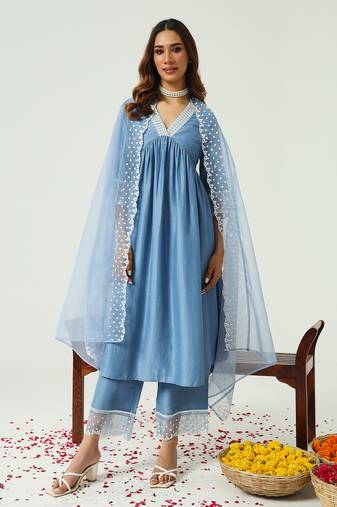 Blue colour silk blend designer embroidery work glamorous partywear salwar suit