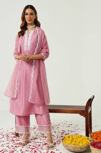 Pink colour silk blend designer embroidery work glamorous partywear salwar suit