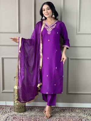 Purple colour smart and tredny chanderi fabric ethnic embroidered ready suit 1