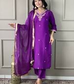 Purple colour smart and tredny chanderi fabric ethnic embroidered ready suit