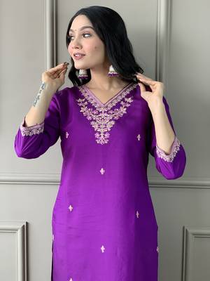 Purple colour smart and tredny chanderi fabric ethnic embroidered ready suit 3