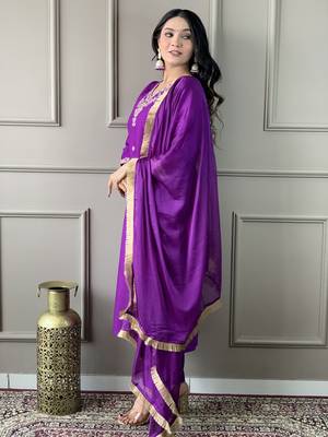 Purple colour smart and tredny chanderi fabric ethnic embroidered ready suit 4