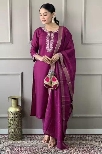 Burgundy colour smart and tredny chanderi fabric ethnic embroidered ready suit