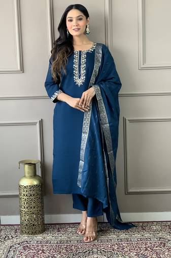 Blue colour smart and tredny chanderi fabric ethnic embroidered ready suit