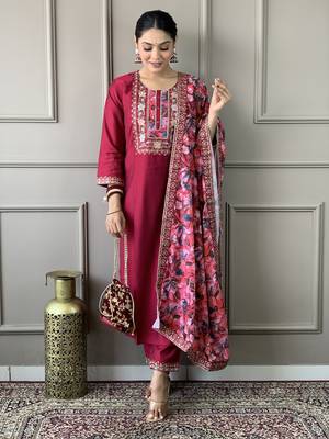 Red colour smart and tredny chanderi fabric ethnic embroidered ready suit 1