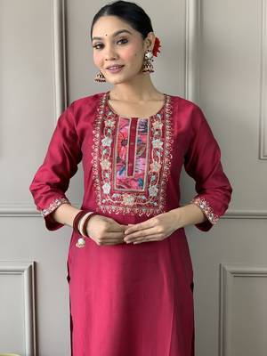 Red colour smart and tredny chanderi fabric ethnic embroidered ready suit 3