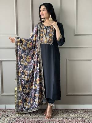 Black colour smart and tredny chanderi fabric ethnic embroidered ready suit 1