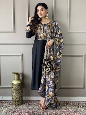 Black colour smart and tredny chanderi fabric ethnic embroidered ready suit 4