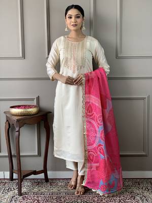 Cream colour smart and tredny chanderi fabric ethnic embroidered ready suit 1