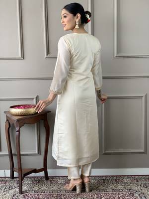 Cream colour smart and tredny chanderi fabric ethnic embroidered ready suit 2