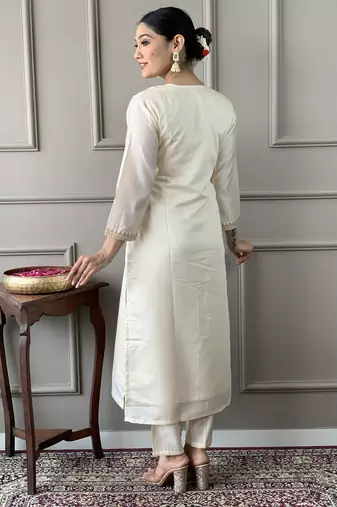 Cream colour smart and tredny chanderi fabric ethnic embroidered ready suit