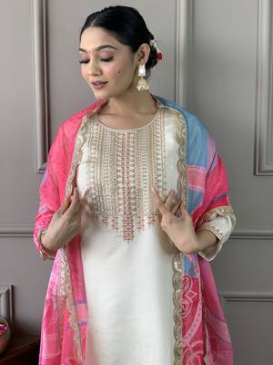 Cream colour smart and tredny chanderi fabric ethnic embroidered ready suit 3