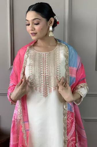 Cream colour smart and tredny chanderi fabric ethnic embroidered ready suit
