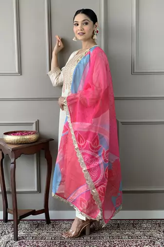Cream colour smart and tredny chanderi fabric ethnic embroidered ready suit