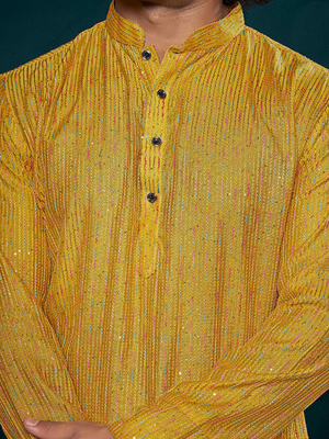 Vardha men's viscose kurta, sequin & thread embroidery, mandarin collar, slim fit, festive & ethnic wear (yellow) 5