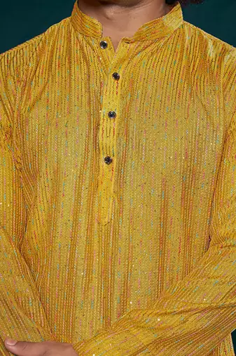 Vardha men's viscose kurta, sequin & thread embroidery, mandarin collar, slim fit, festive & ethnic wear (yellow)