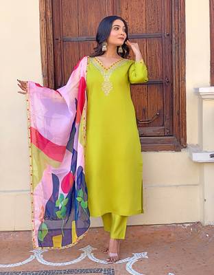 Beautifully lemon colour viscosee silk fabric girlie partywear embroidered suit 1