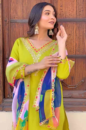 Beautifully lemon colour viscosee silk fabric girlie partywear embroidered suit
