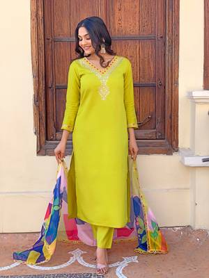 Beautifully lemon colour viscosee silk fabric girlie partywear embroidered suit 4