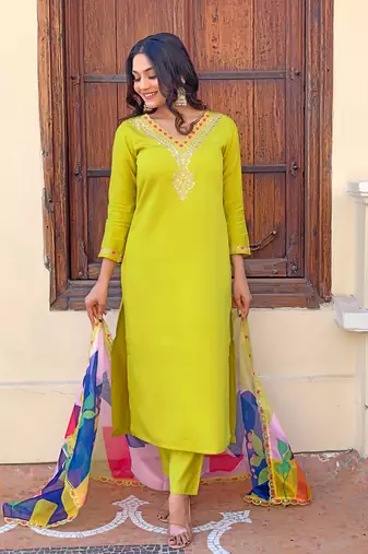 Beautifully lemon colour viscosee silk fabric girlie partywear embroidered suit