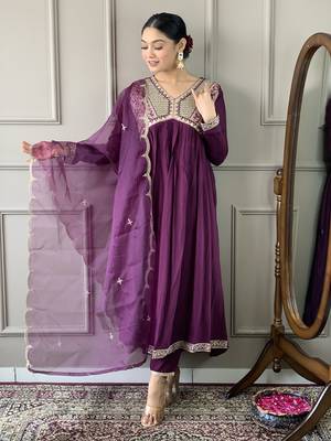 Beautifully designer wine colour viscose silk fabric girlie partywear embroidered suit 1