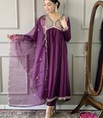 Beautifully designer wine colour viscose silk fabric girlie partywear embroidered suit