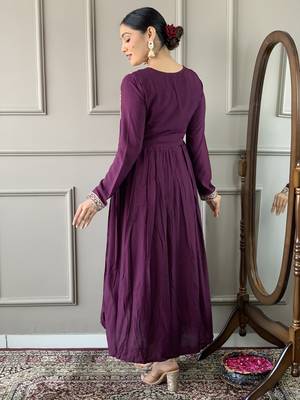 Beautifully designer wine colour viscose silk fabric girlie partywear embroidered suit 2