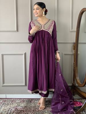 Beautifully designer wine colour viscose silk fabric girlie partywear embroidered suit 4