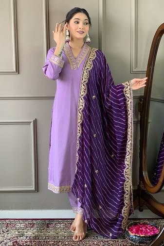 Beautifully designer purple colour viscose silk fabric girlie partywear embroidered suit