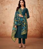 Teal blue colour smart and tredny chanderi fabric ethnic embroidered ready suit