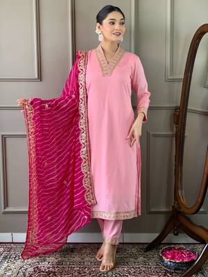 Beautifully pink colour viscosee silk fabric girlie partywear embroidered suit 1