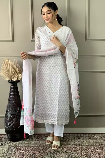Beautifully off white colour linen cotton fabric girlie partywear embroidered suit